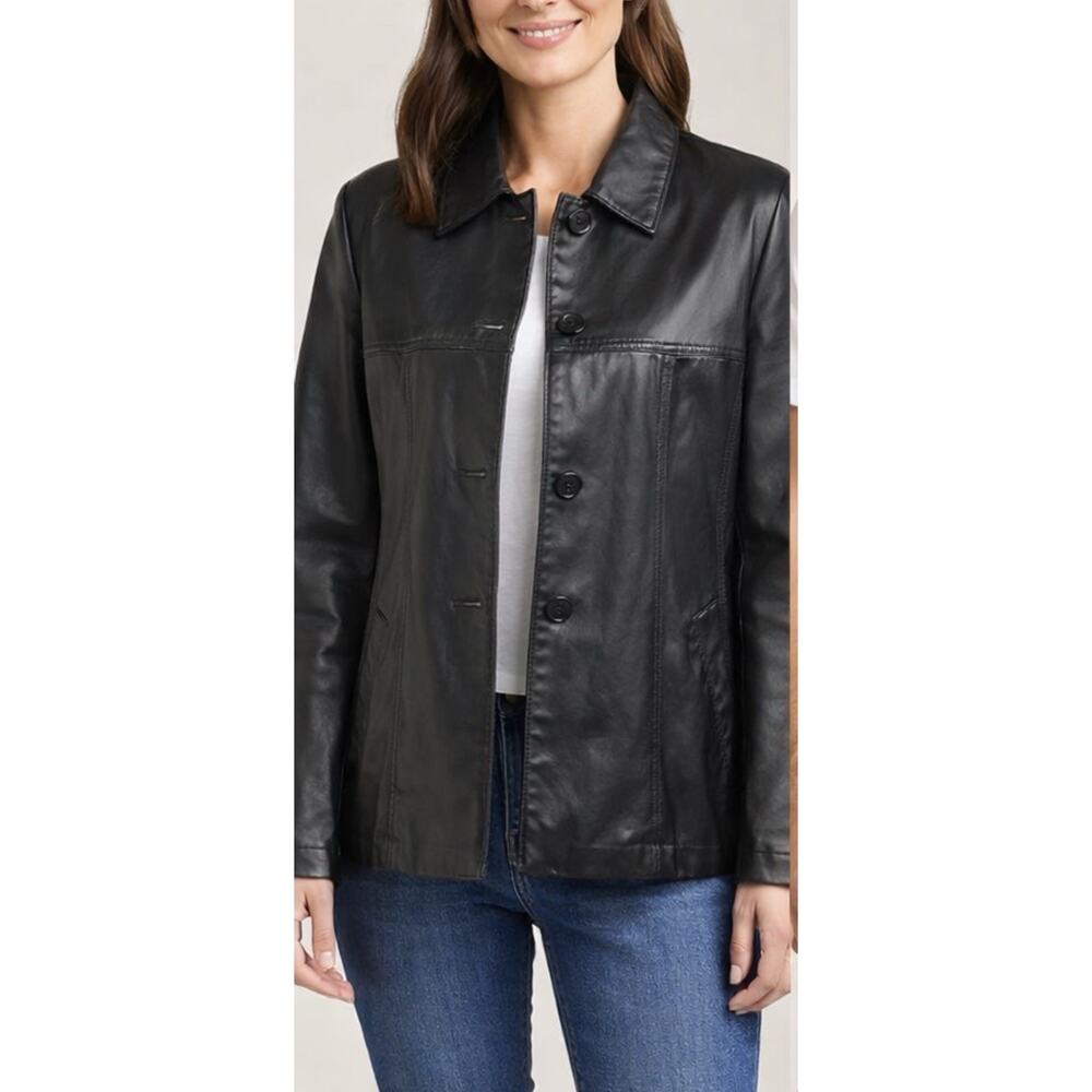 Jones New York Leather Jacket Button Front Womens M Black Classic Coat